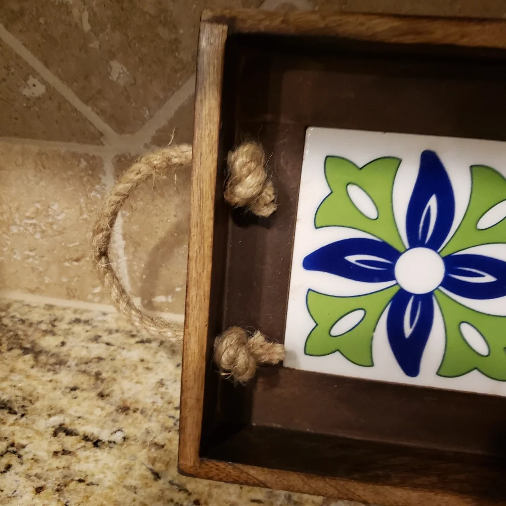 NWT Wooden Tray With Inlay Tiles, Handcrafted in India